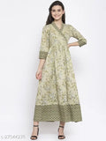 Indibelle Cotton Pista Green Floral Print A-Line Kurta