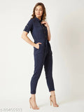 Miss Chase Women's Solid Round Neck Navy Blue Jumpsuits