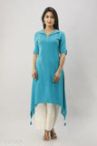 Japer Kurti Women's Cotton Slub Solid Teal Blue Color Embroidered Collar Assymetrical Hem Kurti