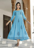 Women Sky Blue & Black Block Print Detail Anarkali Kurti womens kurti