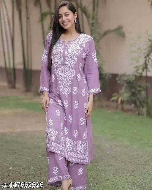 Nitya fashion Co-ord set Rayon Chikankari Floral Design Kurti Palazzo set with Embroidery