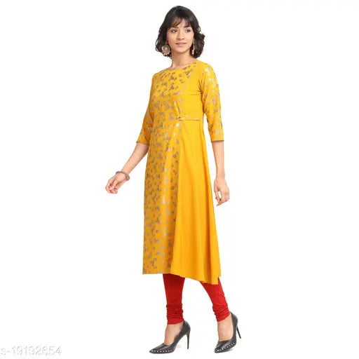 Women Poly Crepe A-line Printed Yellow Kurti