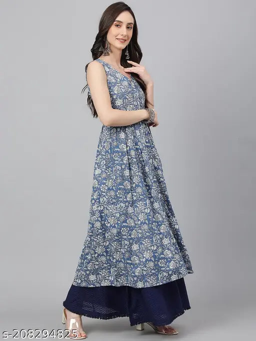 Janasya Women's Blue Cotton Floral Print Flared Kurta