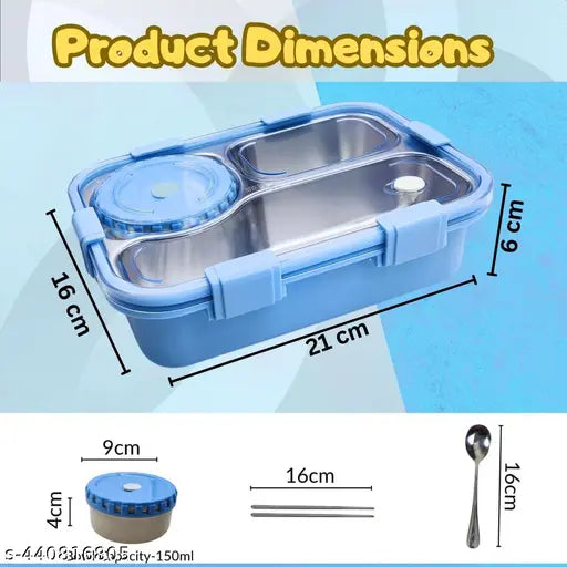 Bento 3 compartment Lunch Box Insulated Air Tight Lunch Box and Portable Utensils, Stainless Steel Lunch Containers, Leak Proof Bento Box for Kids, Adults, Men Women (Blue)