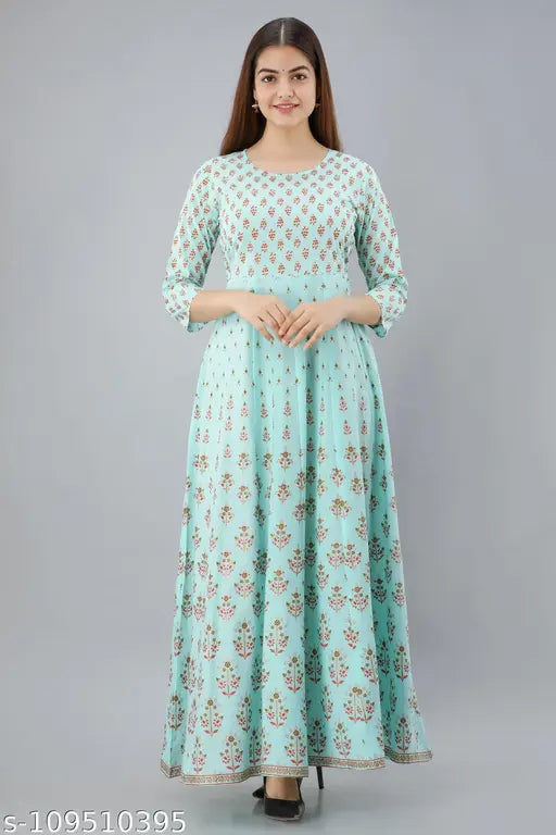 ftDiva women's Printed Anarkali Long Kurta in Light Green