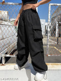 Buynewtrend Black Women Loose Fit High Waist Trousers Cargo Pant