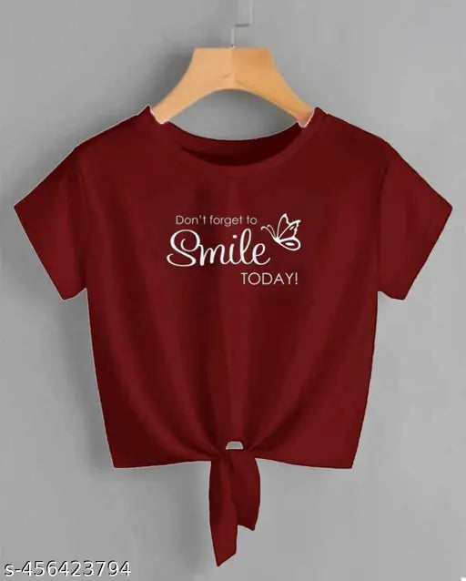 Mahroon KNOT Crop T-Shirt & Top For Women & Girls smile Today Printed