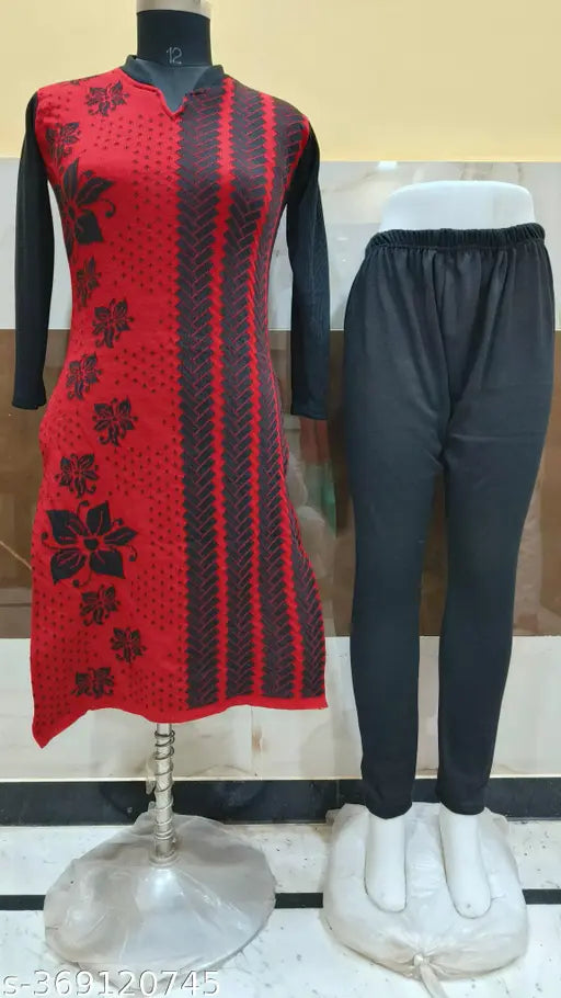 Fancy Red Woolen Kurti Set