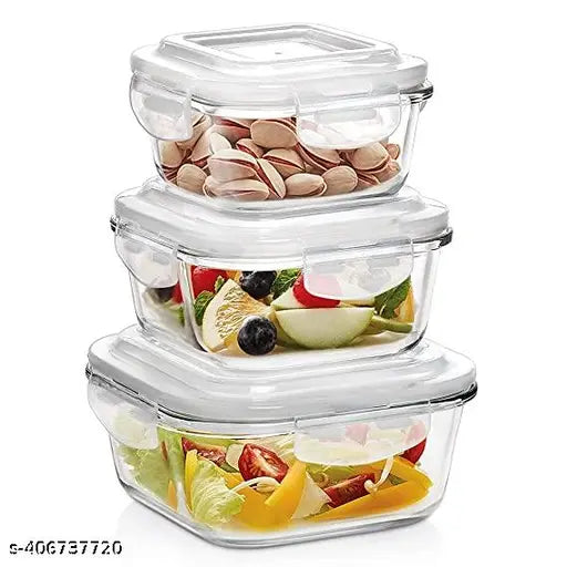 Glass Launch Box Set Of 3 With 400ml, 600ml & 800ml Rectangle Glass Containers With Lids For Food Storage And Break Free Detachable Locks, Oven Safe, Microwave Safe And Freezer Safe - Set Of 3 Rectangle Transparent M