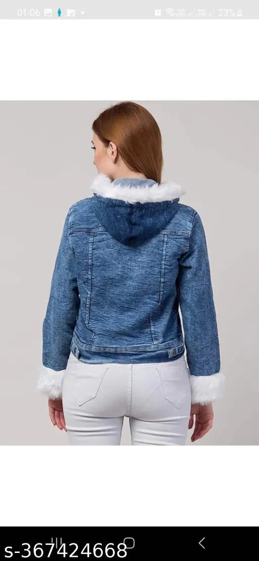 Trendy women Blue Denim full sleeves buttoned cropped jacket with Collar Sleeves Furr