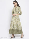 Indibelle Cotton Pista Green Floral Print A-Line Kurta