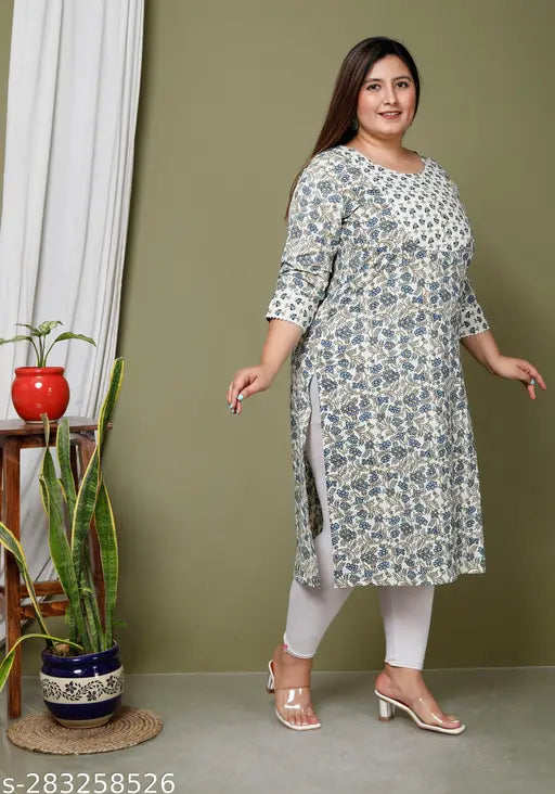 Avnii Women Printed, Floral Print Plus Size Pure Cotton Straight Kurta (Cream)