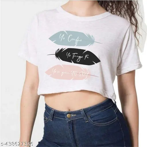 Funky and Stylish Women Printed Crop Top Feather Design White