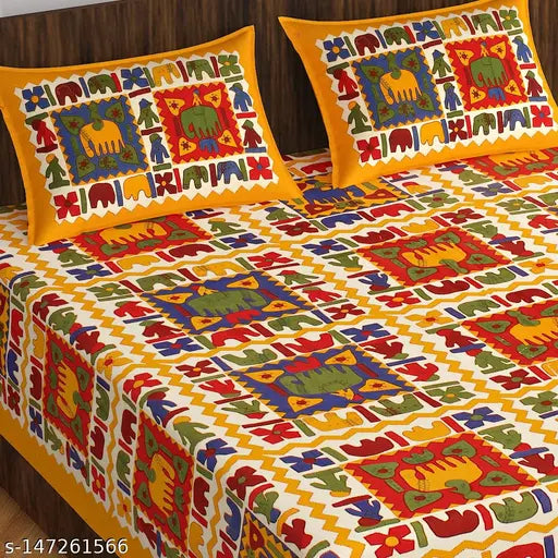 Jaipuri Rajasthani Printed Pure 100% Cotton Double Bed Sheet with 2 Pillow Covers