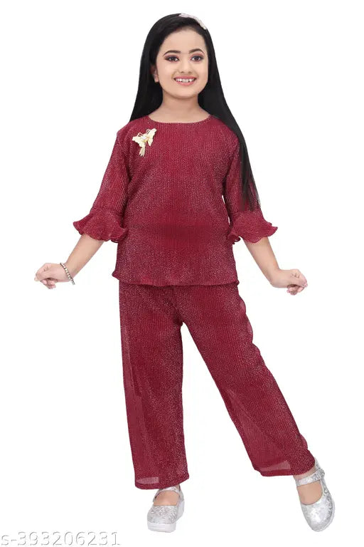 Girls Party(Festive) Top Pyjama | Kids Girls Stylish Modern Kurta Palazzo Set Maroon