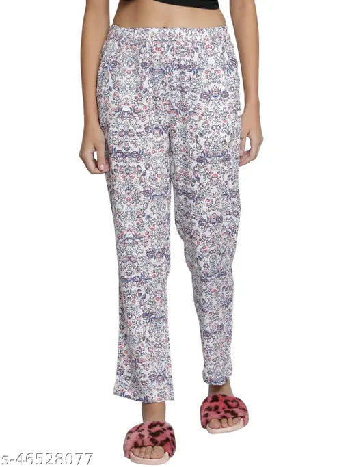 NUEVOSDAMAS RAYON FLORAL WHITE PRINTED PYJAMA