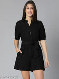 Oxolloxo Solid Color Regular Fit Black Women Cotton Playsuit