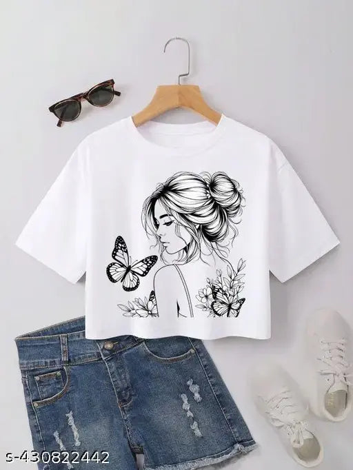 Life Design Crop Top Round Neck White T-Shirt For Girls & Woman