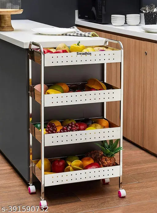 Stainless Steel Perforated Folding 4-Tier Fruits & Vegetable Onion Trolley Kitchen Trolley Portable Modern Storage Rack Design Fruits & Vegetable Onion Cutlery Spice Pickles Jars Container Basket Organizer Holder Stand for Kitchen