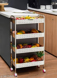 Stainless Steel Perforated Folding 4-Tier Fruits & Vegetable Onion Trolley Kitchen Trolley Portable Modern Storage Rack Design Fruits & Vegetable Onion Cutlery Spice Pickles Jars Container Basket Organizer Holder Stand for Kitchen