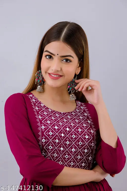 WOMEN TOUCH Embroidered Viscose Rayon A-line Kurta For Women