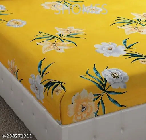 """Cotton Elastic Fitted Double"""Bedsheet"""King Size With Two Pillow Covers All Round Elasticated Bedsheets For Double Bed Size 72x78x8 Color Yellow"""