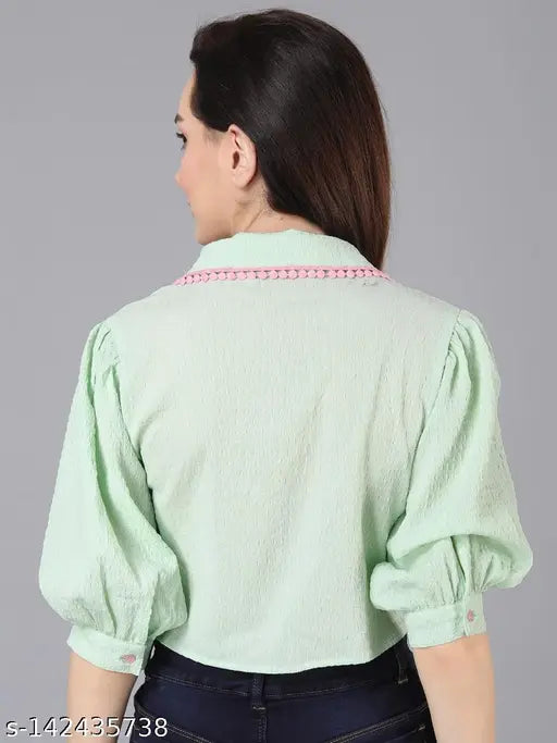 Jakanary Mint Green Stretchable Textured Long collared Contrast Lace Cotton Crop Shirt Tops