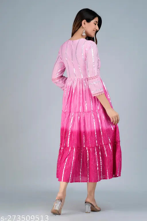 Women Pink Colour Cotton Lurex Dyed Ombre Anarkali Gown