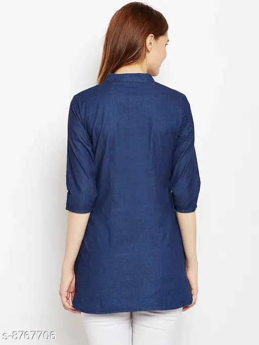 Avyanna Stylis Women's Navy Blue Laser Printed Denim Tunic