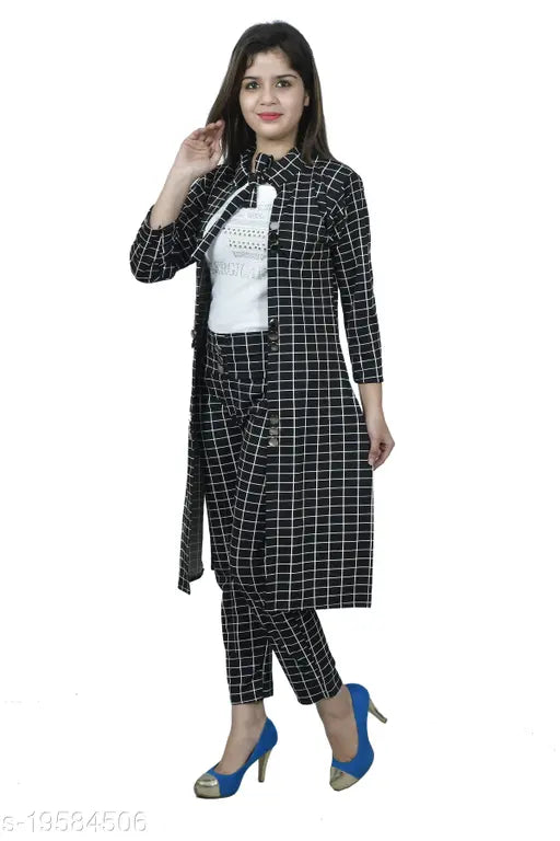 Women's 3 Piece Check Print Dress Shrug || Top || Pant