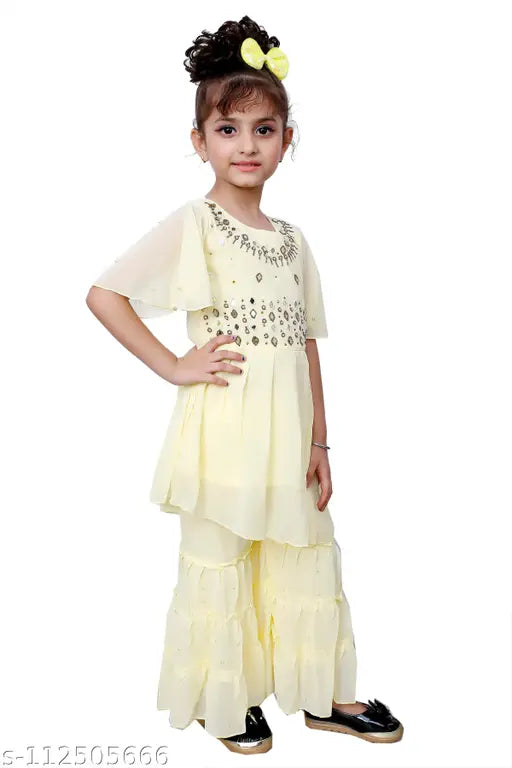 Hariyal Creation Kids Party/Festive Lemon Designer Embroidery Kurta and Sharara Suit For Girls