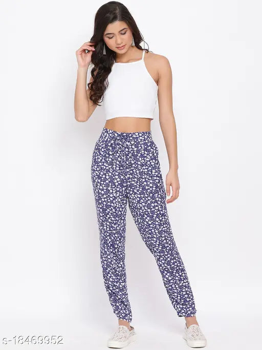 Oxolloxo Floral Print Regular Fit Blue Women Viscose Pant