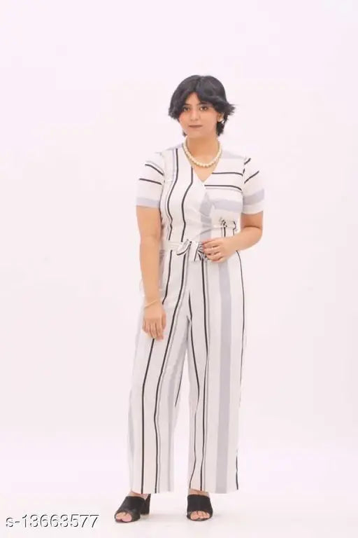 COCCON Women's White Poly Mos V-Neck Striped Jump Suit