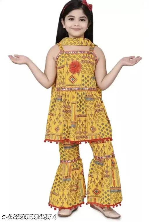 Stylish Cotton Blend Party/Festive Wear Kurta ,Pajama And Dupatta Sets for Kids Girls (Yellow)