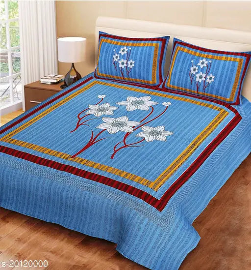 UniqChoice 120TC Cotton Double Bedsheet With 2 Pillow Cover(72_Blue_89)