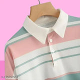 Korean Multi-color: Striped Long-Sleeve Polo Collared T-shirt with Button-Up Front