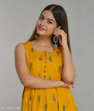 Women Rayon Angrakha Printed Yellow Kurti