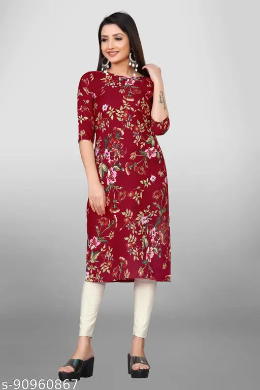 Women Flower Printed Multicolour Crepe Straight Kurta