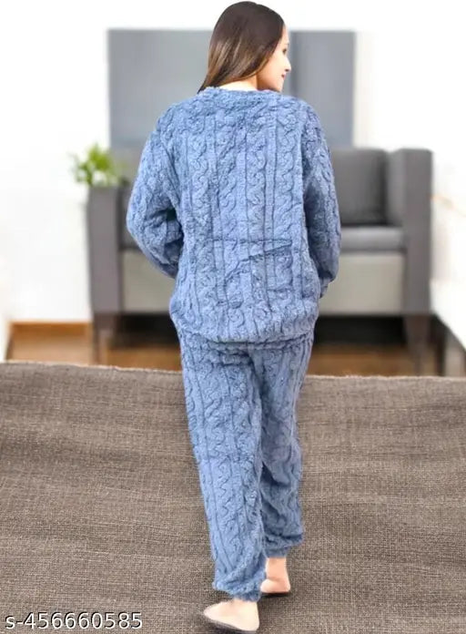 "Cute Bear Pajama Set - Women’s Cozy Blue Fleece Loungewear for Cold Nights"| Girls/Women Night Suit| Woolen| Fancy Night Suit| Blue Fleece Pajama Set |Warm Fuzzy Pajamas for Women|# Modern # Trendy # Fashionable # Winter # Night Suit # Woolen