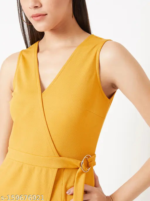 Miss Chase Women's Solid V-neck Yellow Jumpsuits