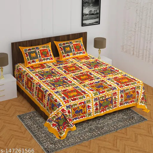 Jaipuri Rajasthani Printed Pure 100% Cotton Double Bed Sheet with 2 Pillow Covers