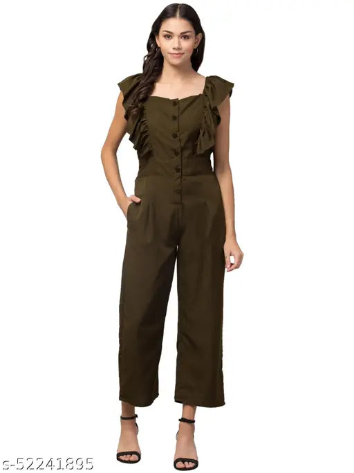 Pretty Partywear Women Jumpsuits | casual women frill sleeve jumpsuit | button open front frill jumpsuit