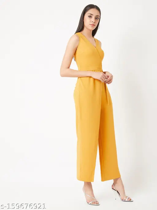 Miss Chase Women's Solid V-neck Yellow Jumpsuits