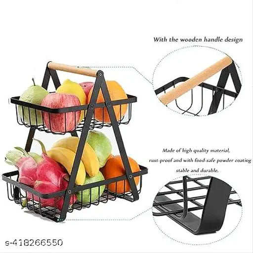 FreshDcart Double Layer Kitchen Fruit Holder Rack Vegetable Basket with Wood Handle for Home Kitchens (Black)