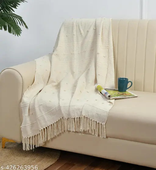 HomewayTex 100% Cotton Serene Stripe Loop Throw, Sofa Throw,Bed Throw and Blanket Elc.Size:-130X180 CMS OR 52X70 INCH , Colour:- Beige