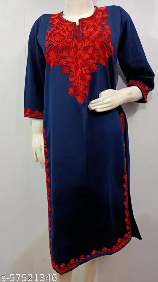 Women's A-line Embroidered Navy Blue Woollen Kurti