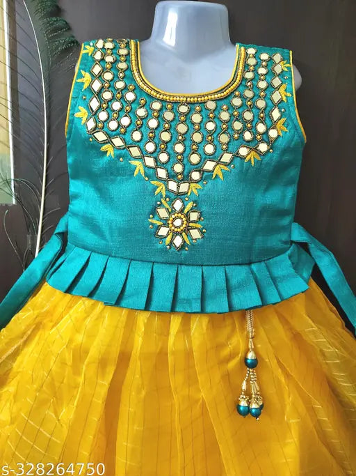 Kids Designer Embroidered Mirror Work, Embellished Pattu Organza Silk Long Gown / Long Ethnic Frock / Full Length Gown with Zari Border.