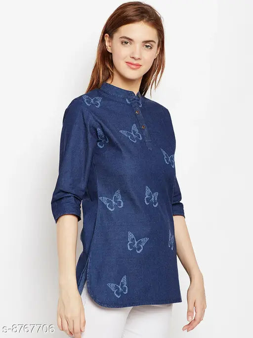 Avyanna Stylis Women's Navy Blue Laser Printed Denim Tunic