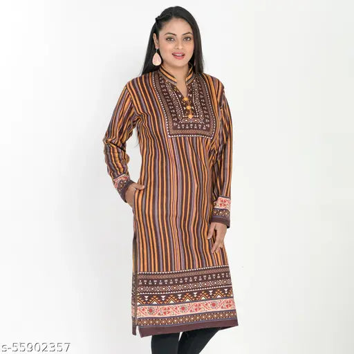 Women's Fashionable A-line Printed Multicolor Woollen Kurtis