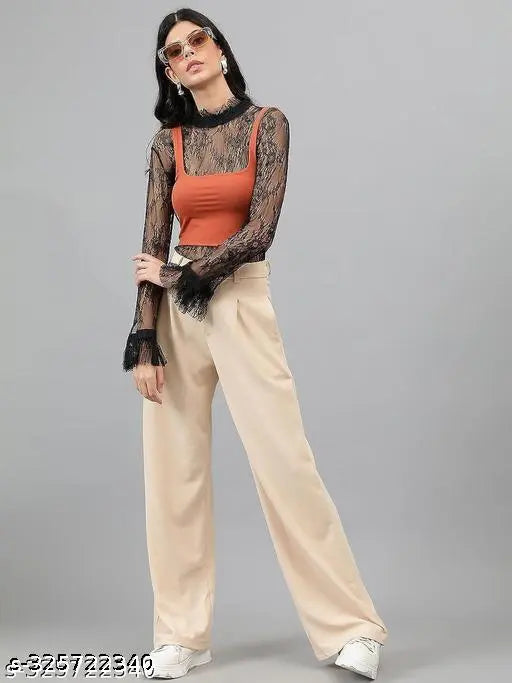 Abhi Women Side Pocket trousers Korean pents Polyster Fabric loose fit pants Beige Color